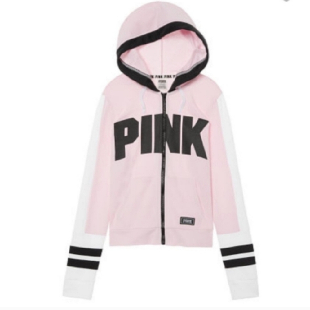 PINK VS Full Zip Colorblock Hoodie Light Pink, Blk & White 😍